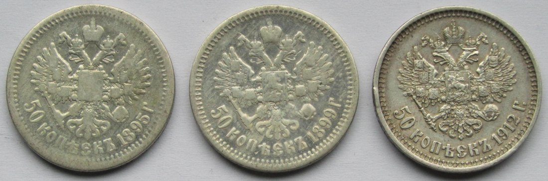  Russland: 3 x 50 Kopeken (1895 + 1899 + 1912), zusammen 27 g Feinsilber   