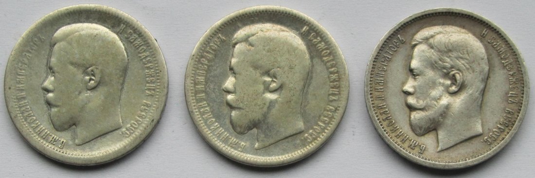  Russland: 3 x 50 Kopeken (1895 + 1899 + 1912), zusammen 27 g Feinsilber   