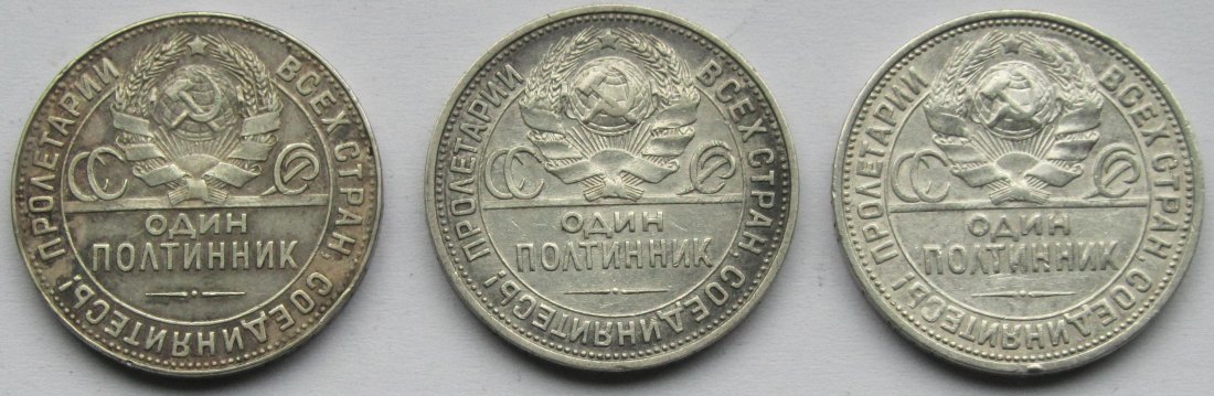  Sowjetunion/Russland: 3 x 50 Kopeken (1924 + 1925 + 1926), zusammen 27 g Feinsilber   