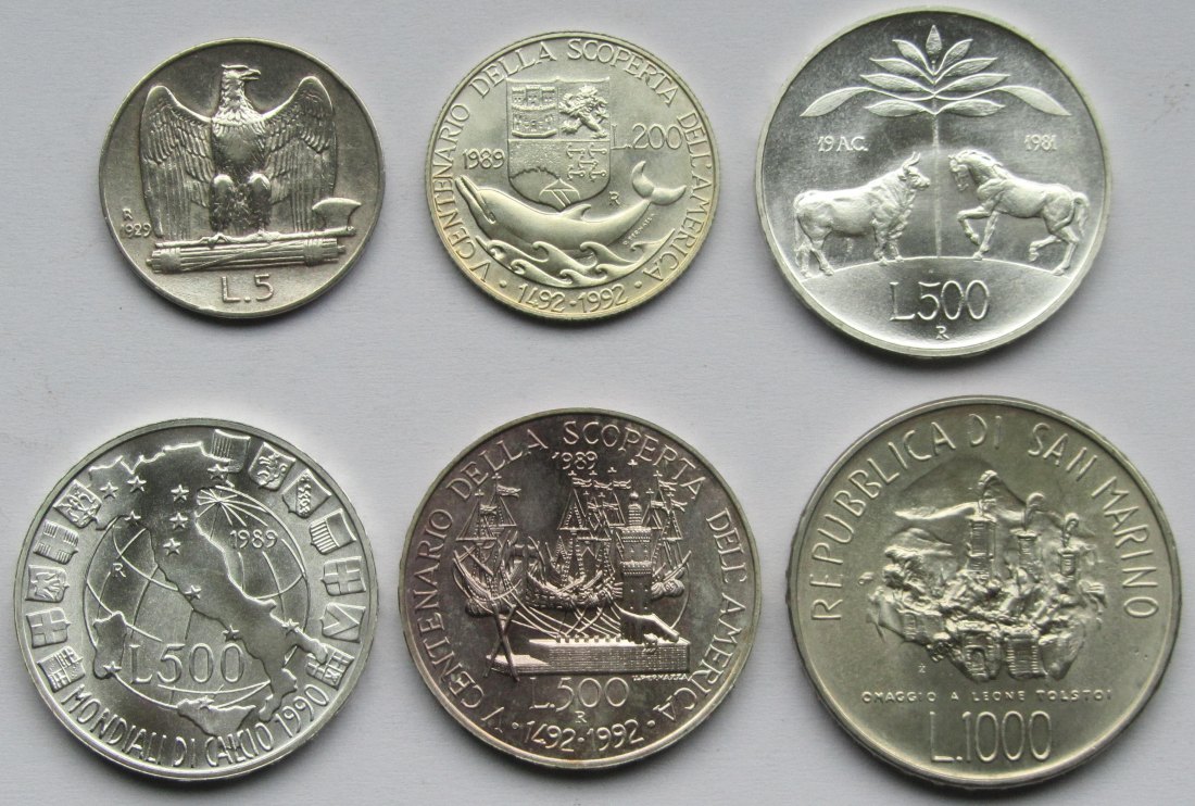  Italien/San Marino: Lot aus sechs Silbermünzen, zusammen 48,1 g Feinsilber   