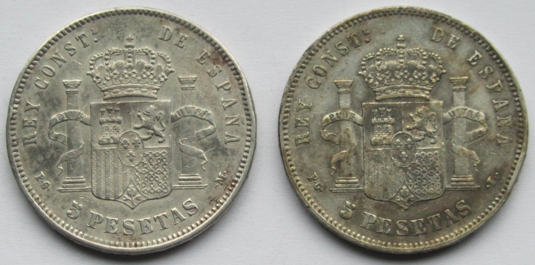  Spanien: 2 x 5 Peseten (1891 + 1893)   