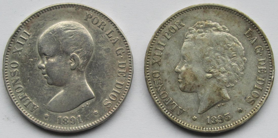  Spanien: 2 x 5 Peseten (1891 + 1893)   