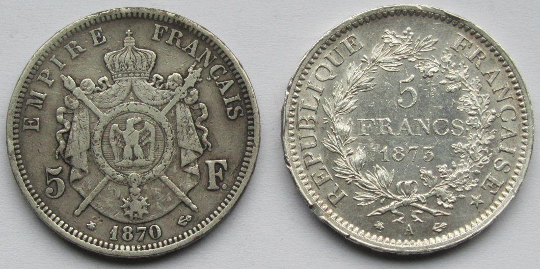  Frankreich: 2 x 5 Francs (1870 + 1873)   