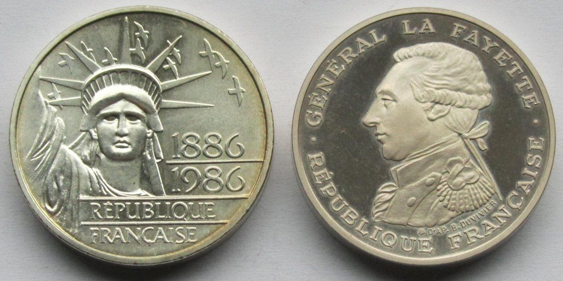  Frankreich: 2 x 100 Francs Piedforts (1986 + 1987), zusammen 55,5 g Feinsilber   