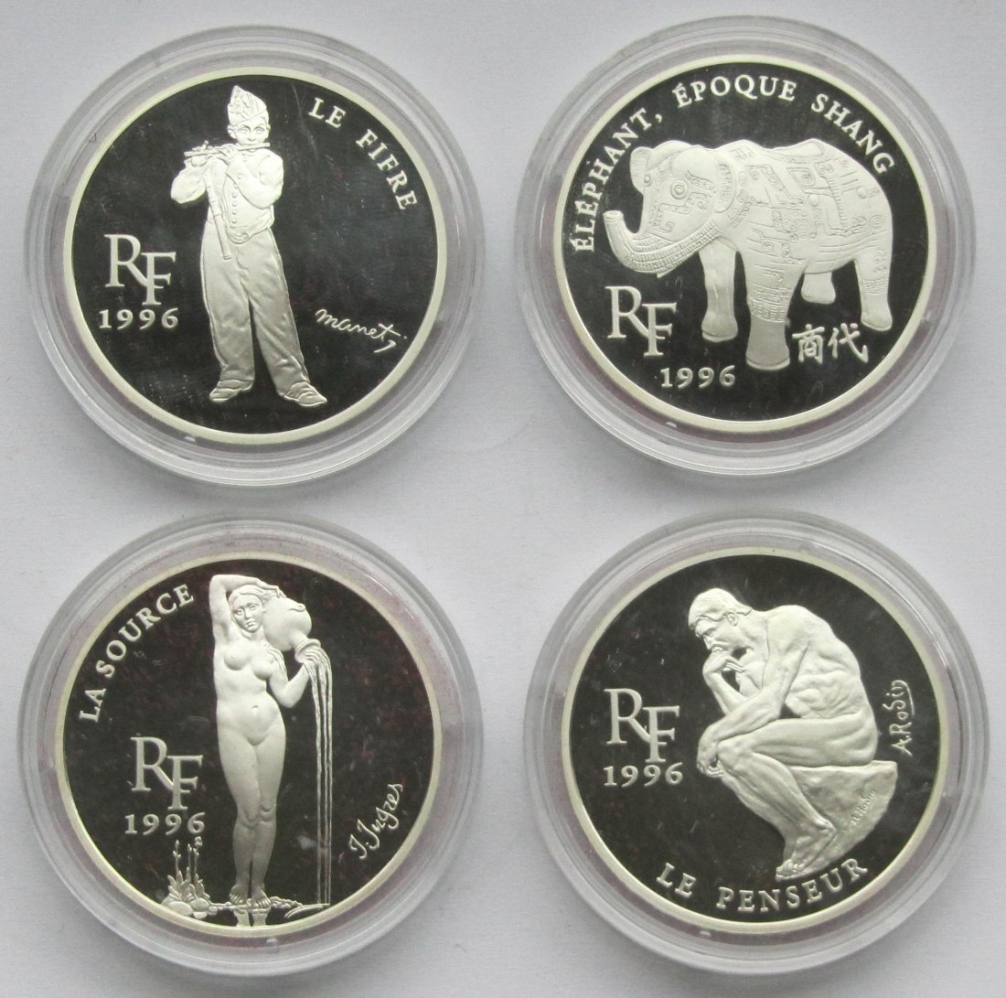  Frankreich: 4 x 10 Francs Kunst, zusammen 80 g Feinsilber   