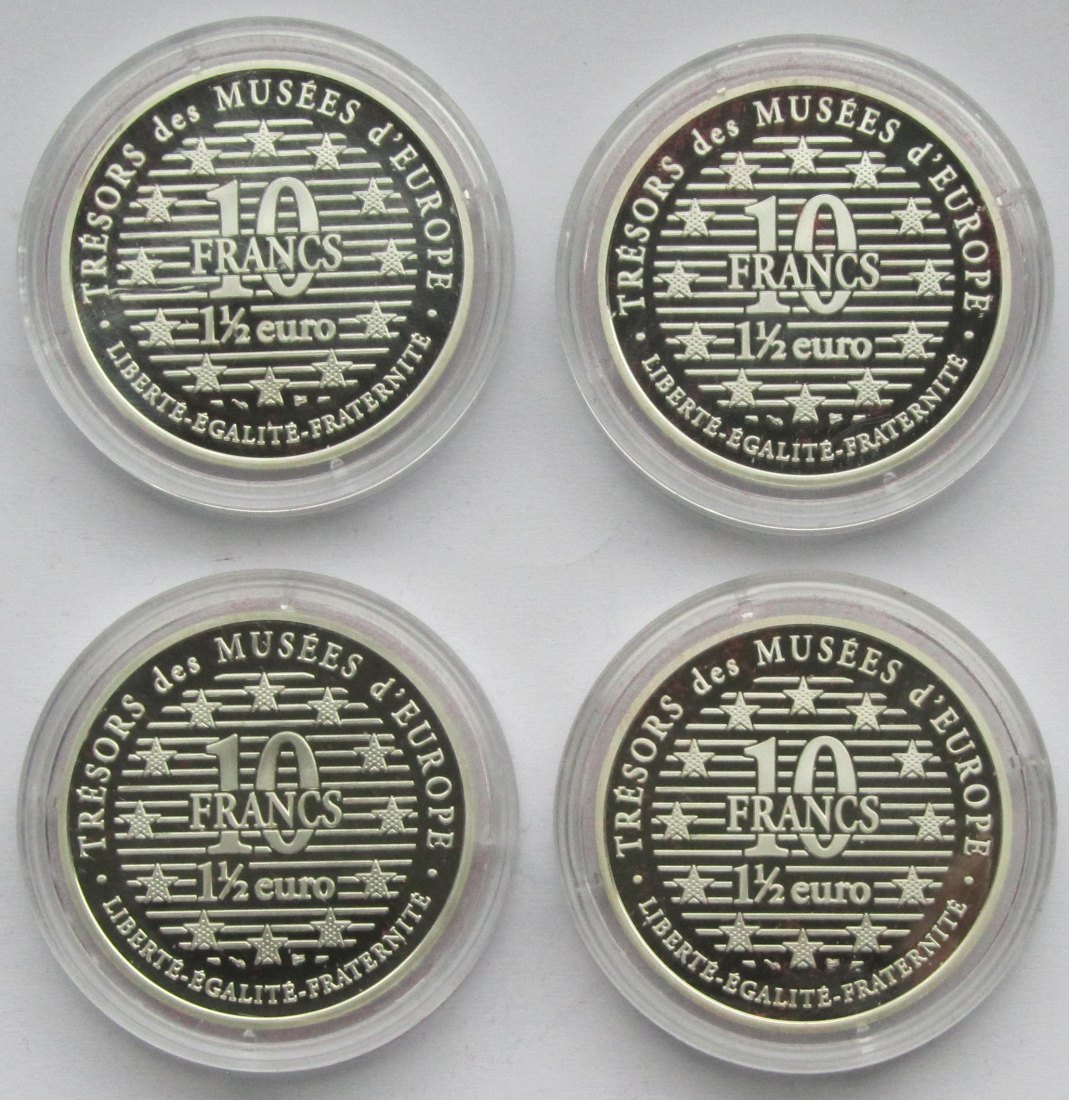  Frankreich: 4 x 10 Francs Kunst, zusammen 80 g Feinsilber   