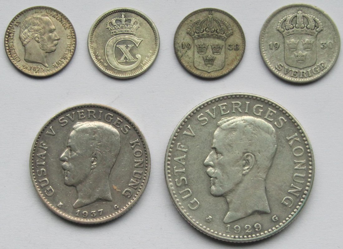  Dänemark/Schweden: Lot aus sechs Silbermünzen, zusammen 21,2 g Feinsilber   