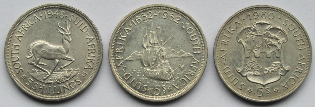  Südafrika: 3 x 5 Shillings (1948 + 1952 + 1960), zusammen 50,9 g Feinsilber   