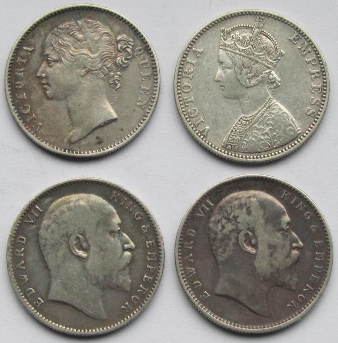  Indien: 4 x 1 Rupie (1840 + 1890 + 1904 + 1907)   