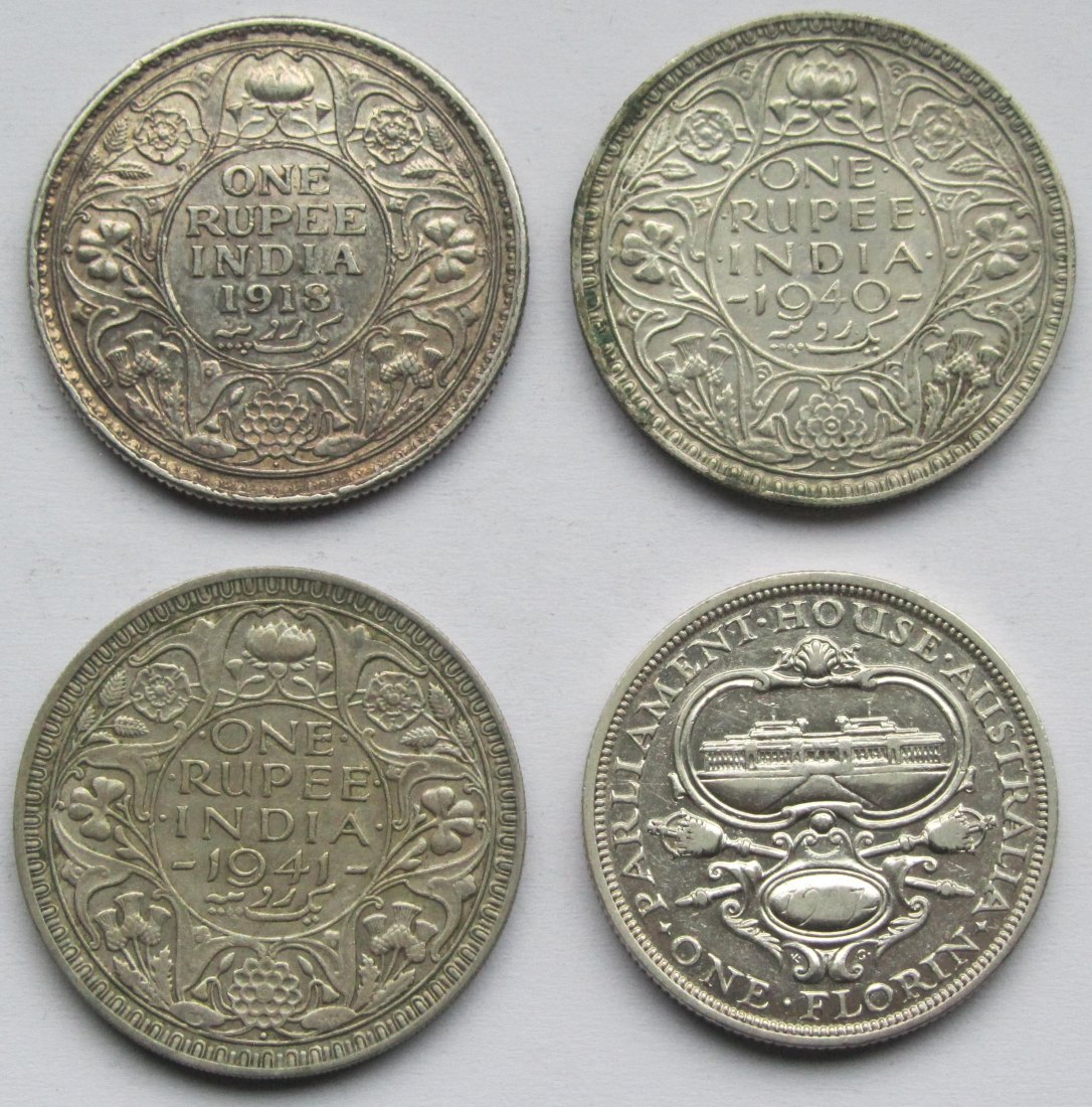  Indien/Australien: Lot aus vier Silbermünzen, zusammen 32,8 g Feinsilber   
