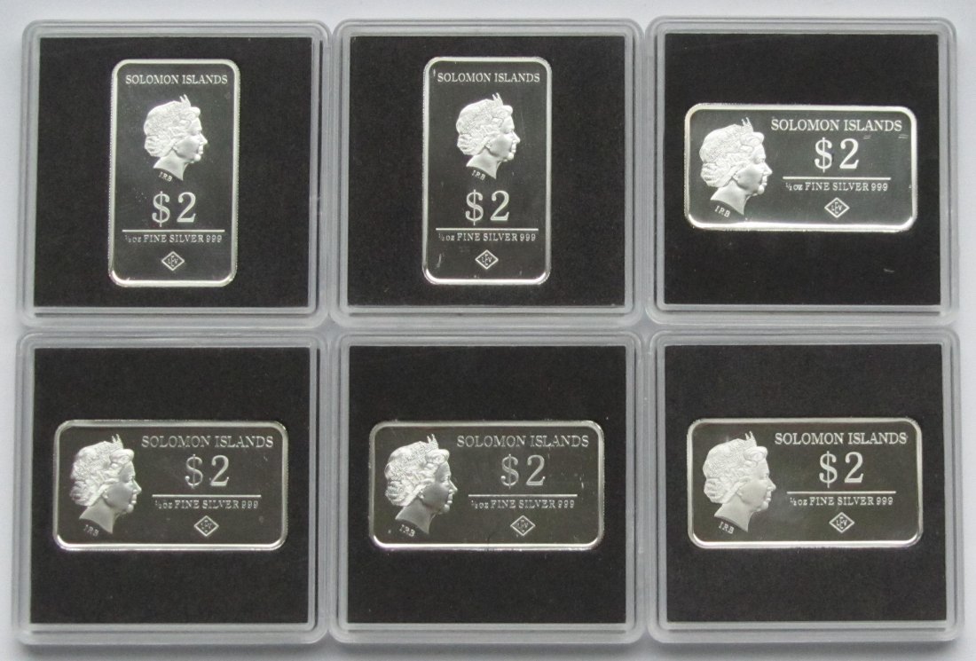  Salomonen: 6 x 2 Dollars Wahrzeichen 2015, je 1/2 Unze, zusammen 93,3 g Feinsilber   