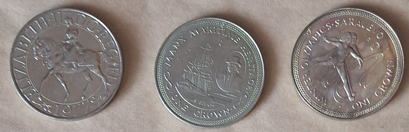  Isle of Man, 1 Crown, 1982, 84 sowie Elisabeth II Jahrestag 1977 Gesamtgewicht 85g   