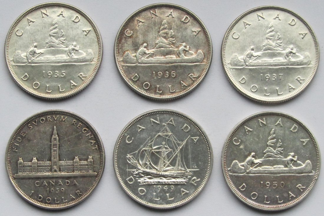  Kanada: Sechs verschiedene 1 Dollar, zusammen 112 g Feinsilber   