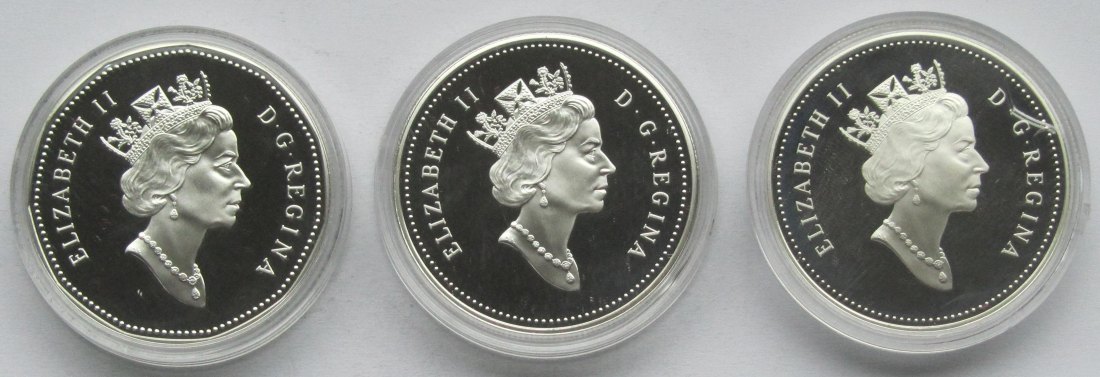  Kanada: Drei verschiedene Gedenkdollars, zusammen 70 g Feinsilber   