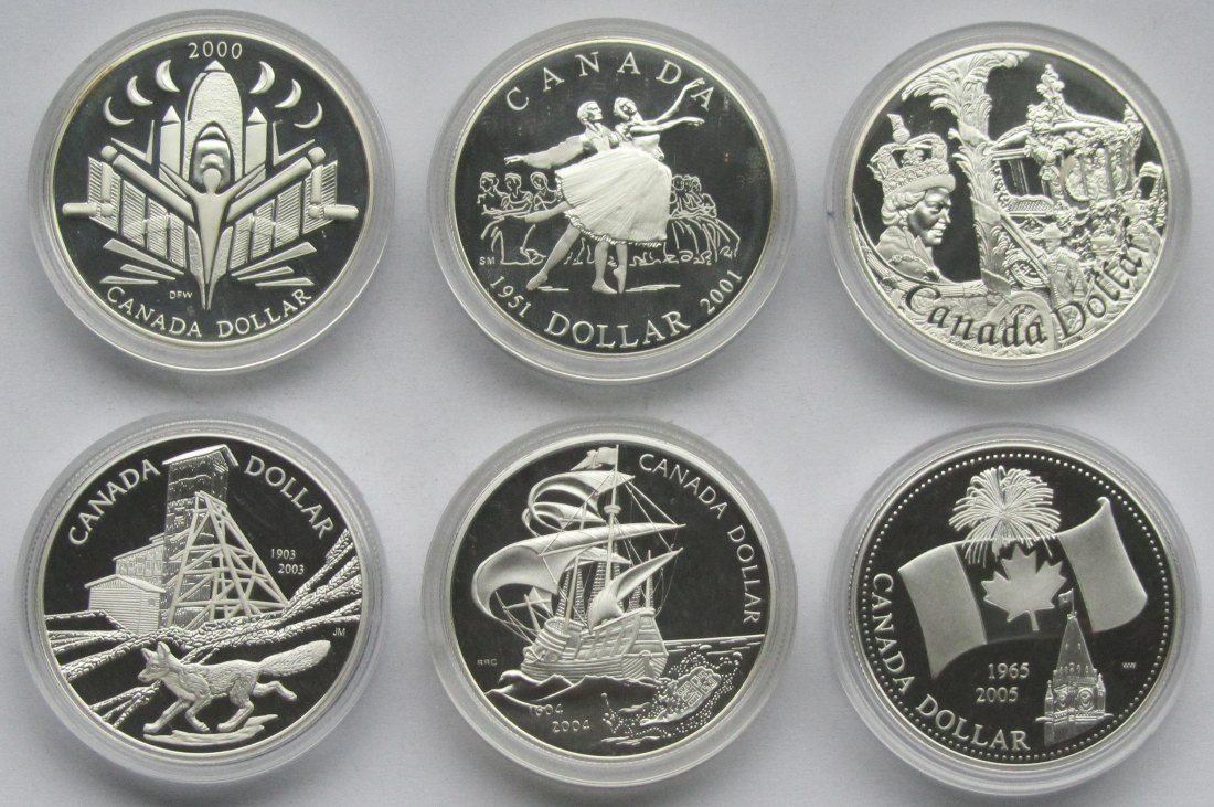  Kanada: Sechs verschiedene Gedenkdollars, zusammen 145,5 g Feinsilber   
