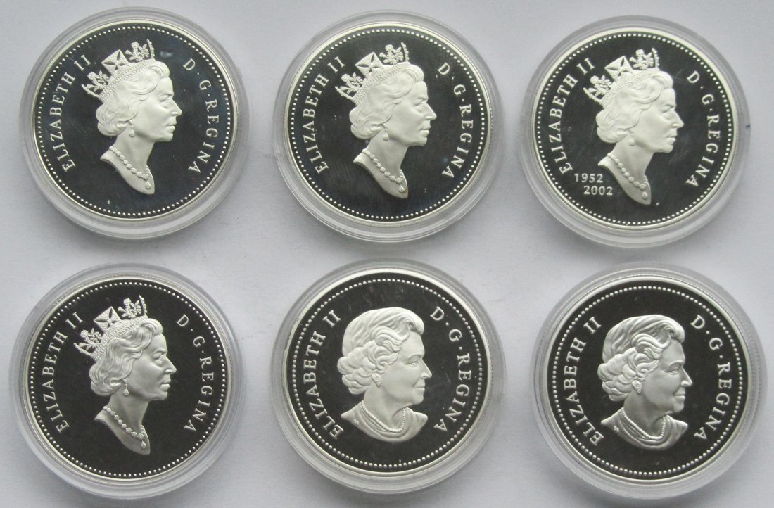  Kanada: Sechs verschiedene Gedenkdollars, zusammen 145,5 g Feinsilber   
