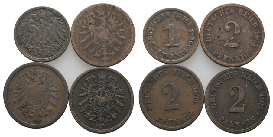  Kaiserreich;  4 Kleinmünzen 1906 /1875/ 1874/ 1875   