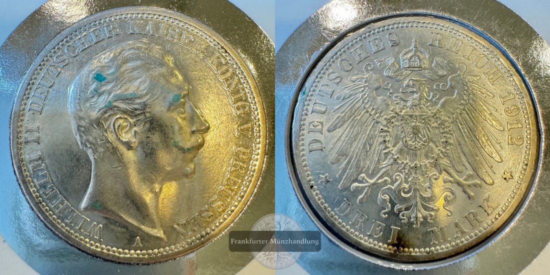  Dt. Kaiserreich Preussen 3 Mark 1912 (1908-12) A Wilhelm II FM-Frankfurt KM#527 Feinsilber: 15g   