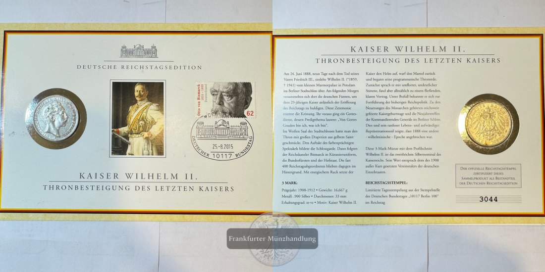  Dt. Kaiserreich Preussen 3 Mark 1912 (1908-12) A Wilhelm II FM-Frankfurt KM#527 Feinsilber: 15g   