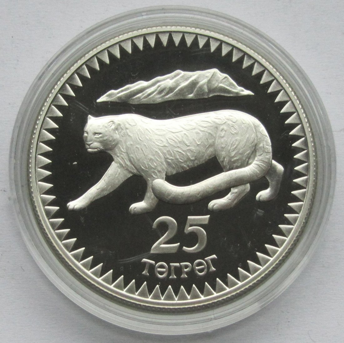  Mongolei: 25 Tögrög Schneeleopard 1987, 26,1 g Feinsilber   