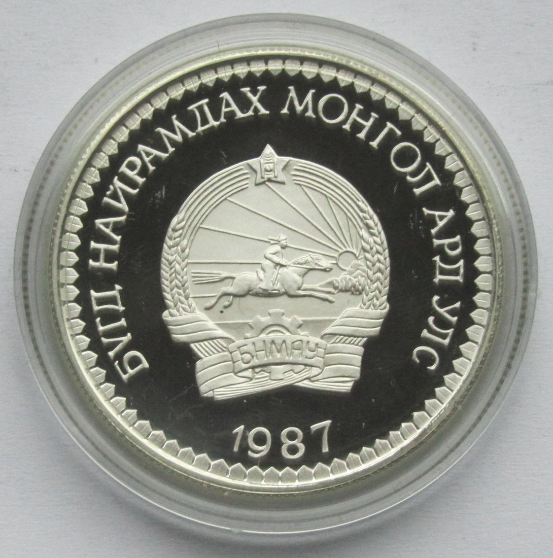  Mongolei: 25 Tögrög Schneeleopard 1987, 26,1 g Feinsilber   
