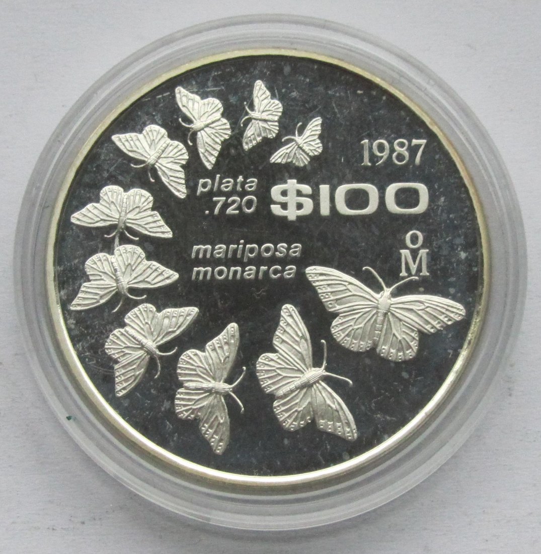  Mexiko: 100 Pesos Monarchfalter 1987, 23,5 g Feinsilber   