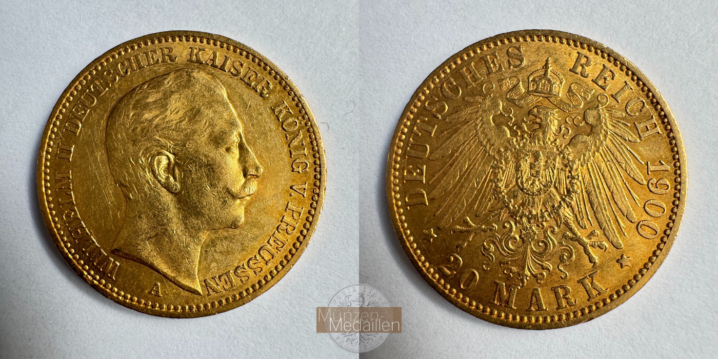 Dt. Kaiserreich Preussen, Wilhelm II MM-Frankfurt KM#521 Feingold: 7,17g 20 Mark (1890-1913) 1900 A 