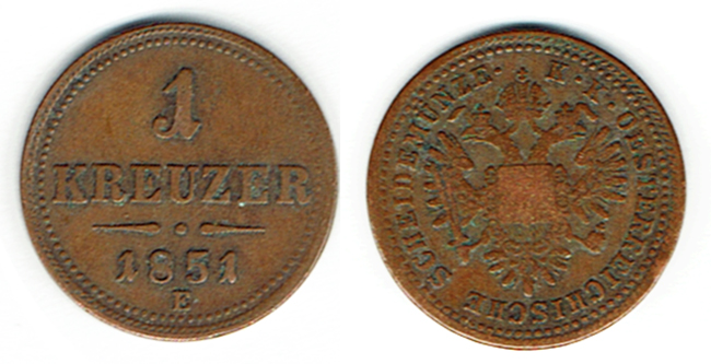  SZAIVERT KAISERREICH ÖSTERREICH FRANZ JOSEPH 1 KREUZER 1851 E KARLSBURG BRONZE   