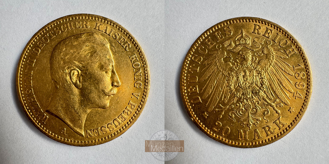  Dt. Reich Preußen 20 Mark William II 1894 (1890-1913) A MM-Frankfurt KM#521 Feingold: 7,17g   