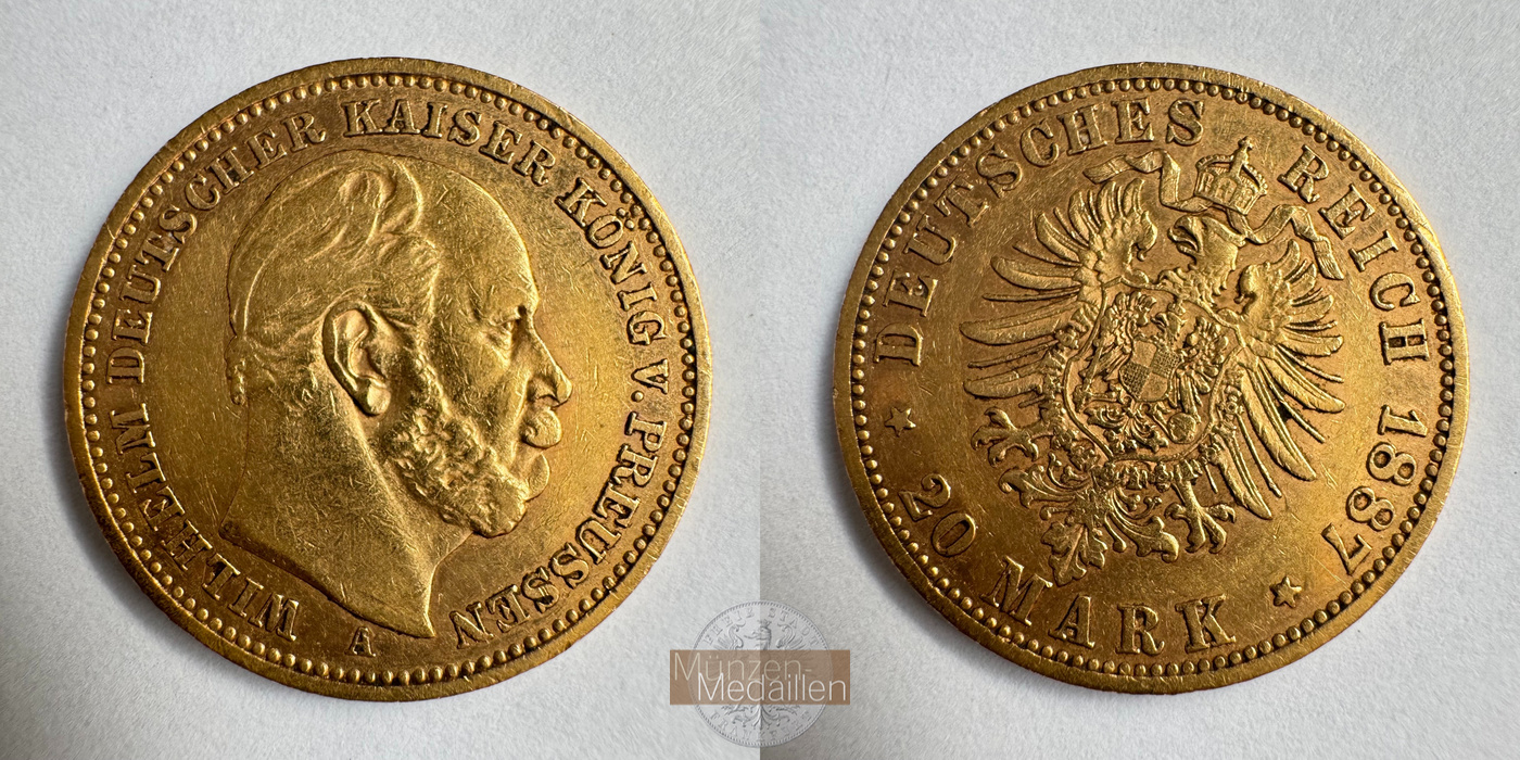Dt. Kaiserreich Preussen, Wilhelm I. MM-Frankfurt KM#505 Feingold: 7,17g 20 Mark (1874-1888) 1887 A 