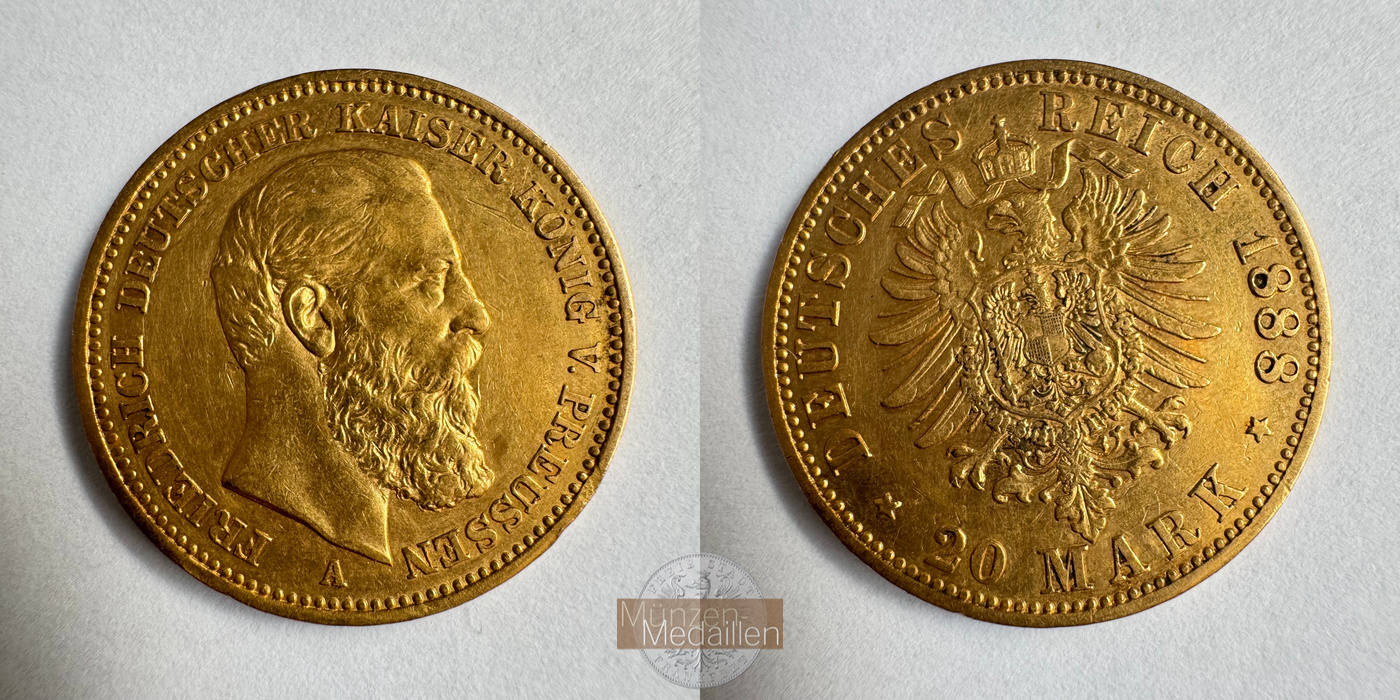 Dt. Kaiserreich Preussen, Friedrich III MM-Frankfurt KM#515 Feingold: 7,17g 20 Mark 1888 A 