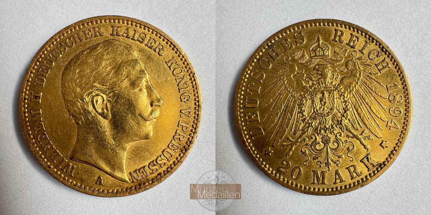  Dt. Reich Preußen 20 Mark William II 1894 (1890-1913) A MM-Frankfurt KM#521 Feingold: 7,17g   
