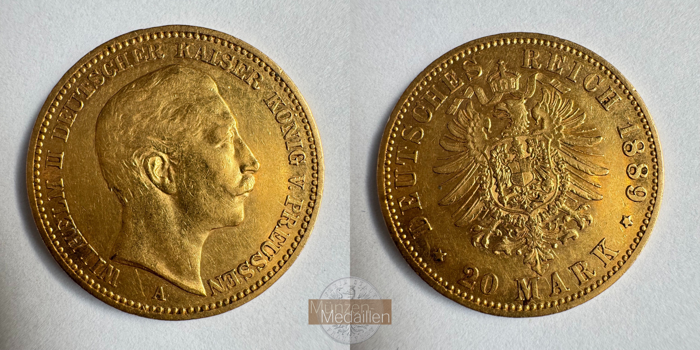  Dt. Reich Preußen 20 Mark William II 1889 (1888-89) A MM-Frankfurt KM#516 Feingold: 7,17g   