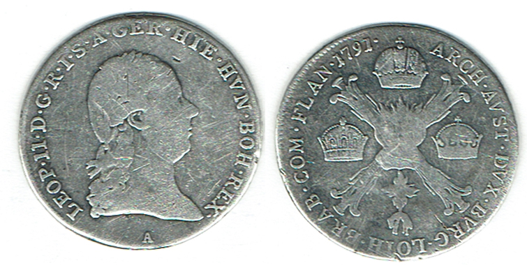  SZAIVERT RDR HABSBURG-LOTHRINGEN ÖSTERREICH LEOPOLD II. 1/4 KRONENTALER 1791 A WIEN   