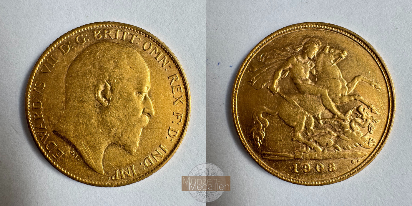  Vereinigtes Königreich 1/2 Sovereign Edward VII 1908 (1902-10) MM-Frankfurt KM#804 Feingold: 3,661g   
