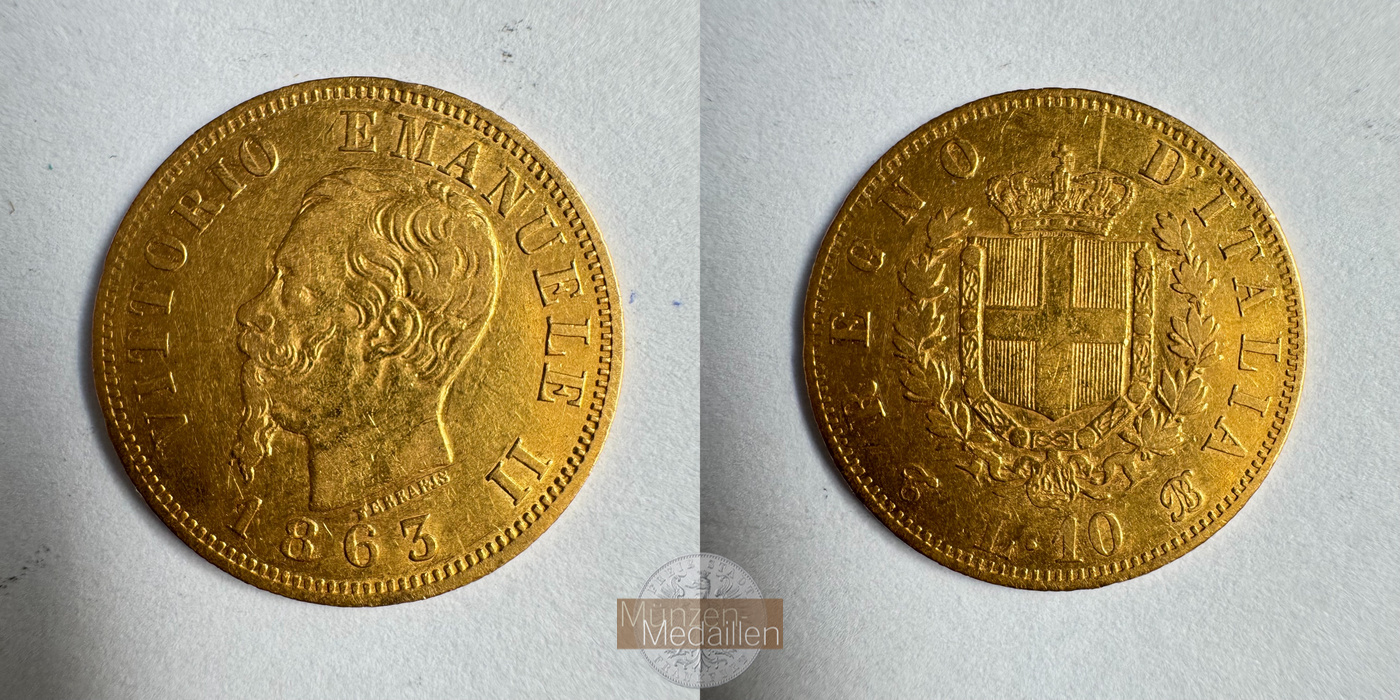  Italien 10 Lire Victor Emmanuel II 1863 (1861-65) MM-Frankfurt KM#9 Feingold: 2,903g   