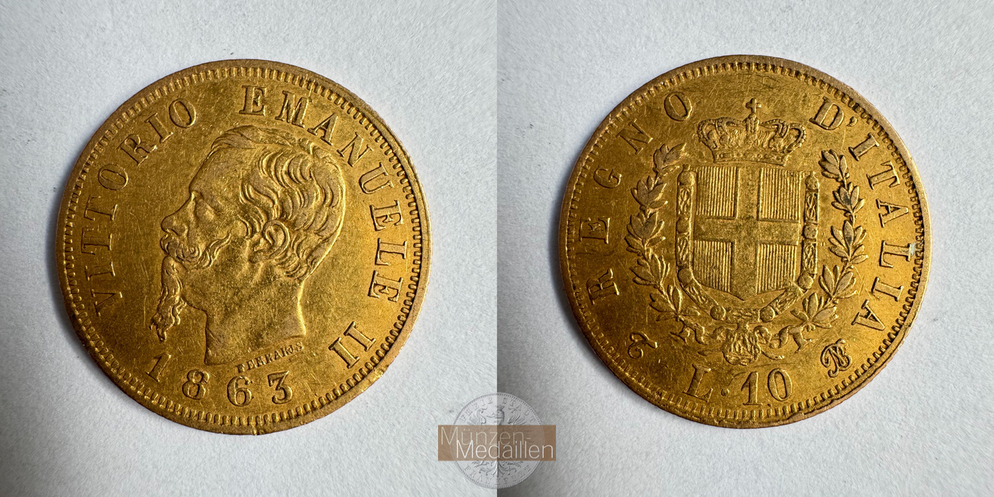  Italien 10 Lire Victor Emmanuel II 1863 (1861-65) MM-Frankfurt KM#9 Feingold: 2,903g   