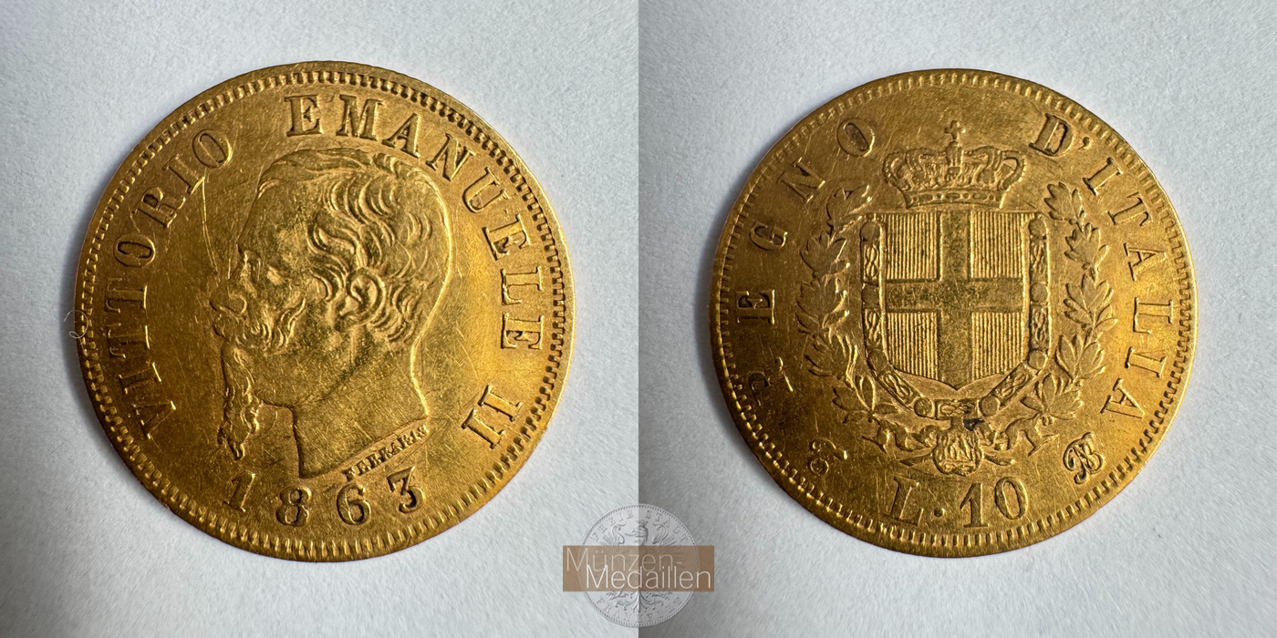  Italien 10 Lire Victor Emmanuel II 1863 (1861-65) MM-Frankfurt KM#9 Feingold: 2,903g   