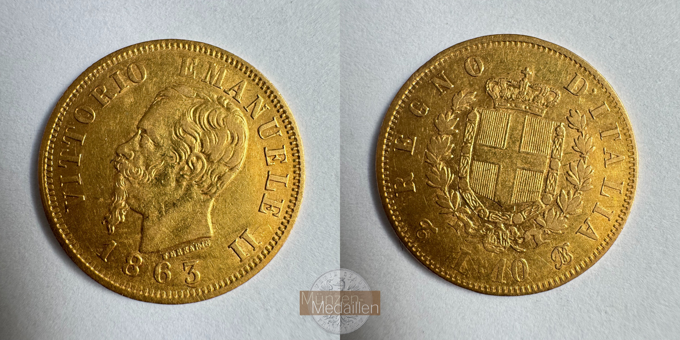  Italien 10 Lire Victor Emmanuel II 1863 (1861-65) MM-Frankfurt KM#9 Feingold: 2,903g   