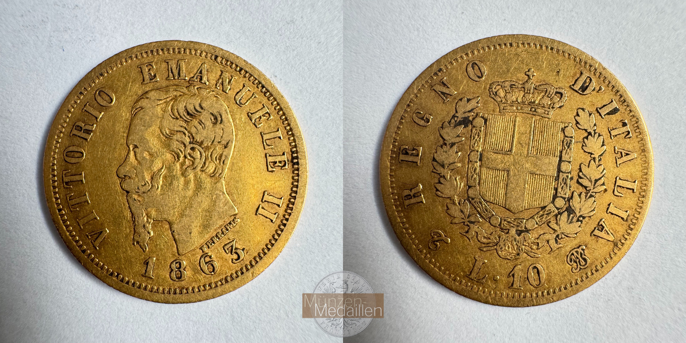  Italien 10 Lire Victor Emmanuel II 1863 (1861-65) MM-Frankfurt KM#9 Feingold: 2,903g   