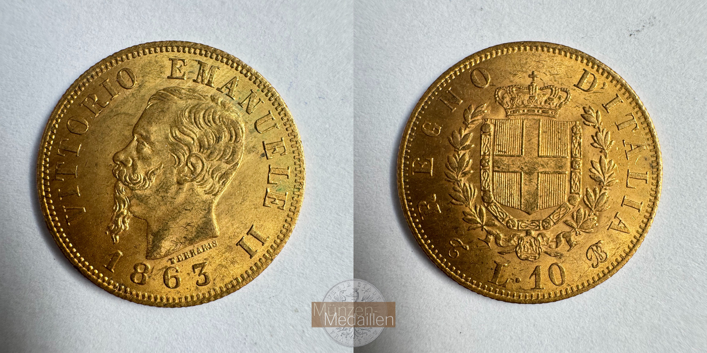  Italien 10 Lire Victor Emmanuel II 1863 (1861-65) MM-Frankfurt KM#9 Feingold: 2,903g   