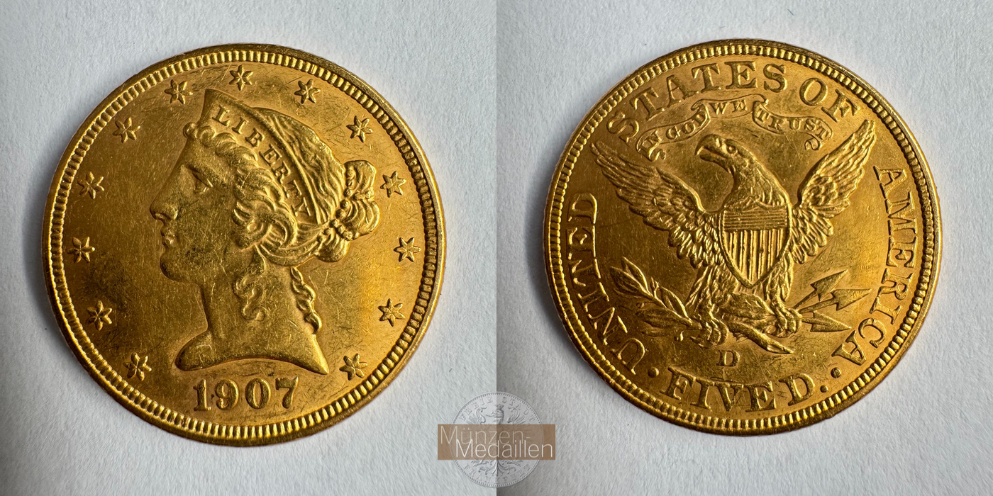  USA 5 Dollars (Coronet Head) 1907 (1866-1908) D MM-Frankfurt KM#101 Feingold: 7,524g   