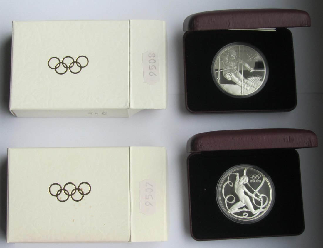  Österreich: 2 x 200 Schilling 100 Jahre Olympia 1996, zusammen 62,2 g Feinsilber   
