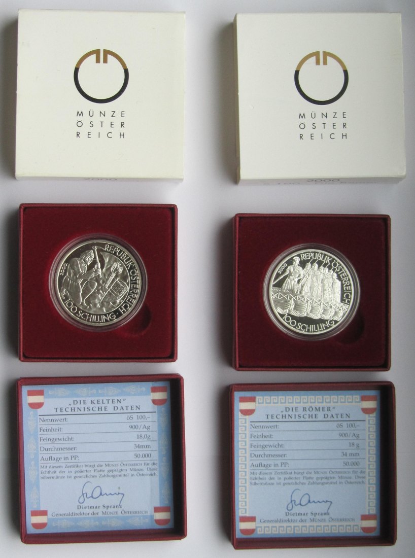  Österreich: 2 x 100 Schilling Kelten + Römer 2000, zusammen 36 g Feinsilber   