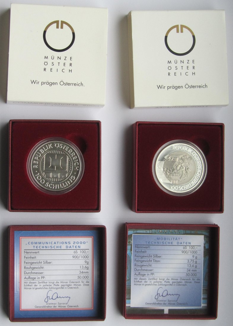  Österreich: 2 x 100 Schilling (Bimetall/Titan) Kommunikation 2000 + Mobilität 2001   