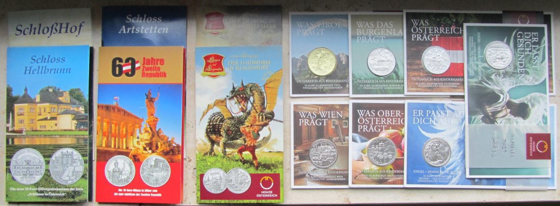  Österreich: 13 verschiedene 10 Euro handgehoben in Coincards, zusammen 208 g Feinsilber   