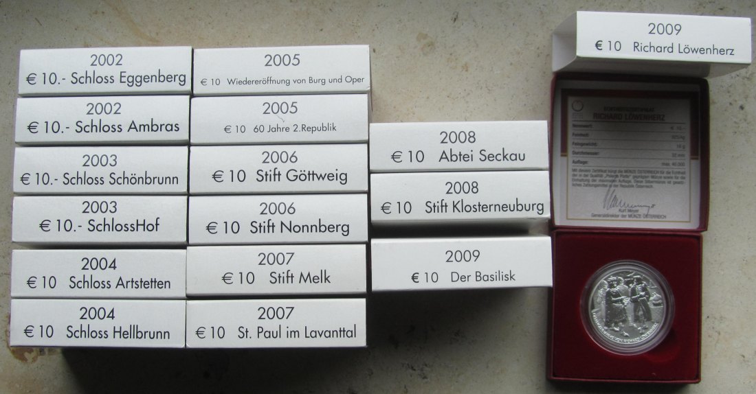  Österreich: 16 verschiedene 10 Euro PP/Proof, zusammen 256 g Feinsilber   