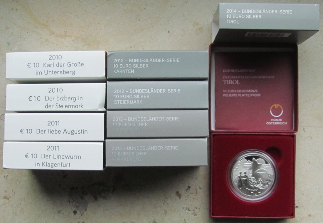  Österreich: Neun verschiedene 10 Euro PP/Proof, zusammen 144 g Feinsilber   