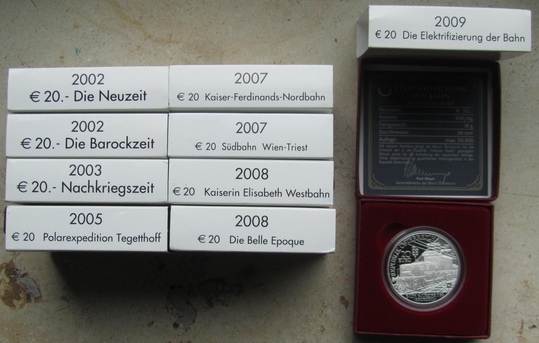  Österreich: Neun verschiedene 20 Euro PP/Proof, zusammen 162 g Feinsilber   