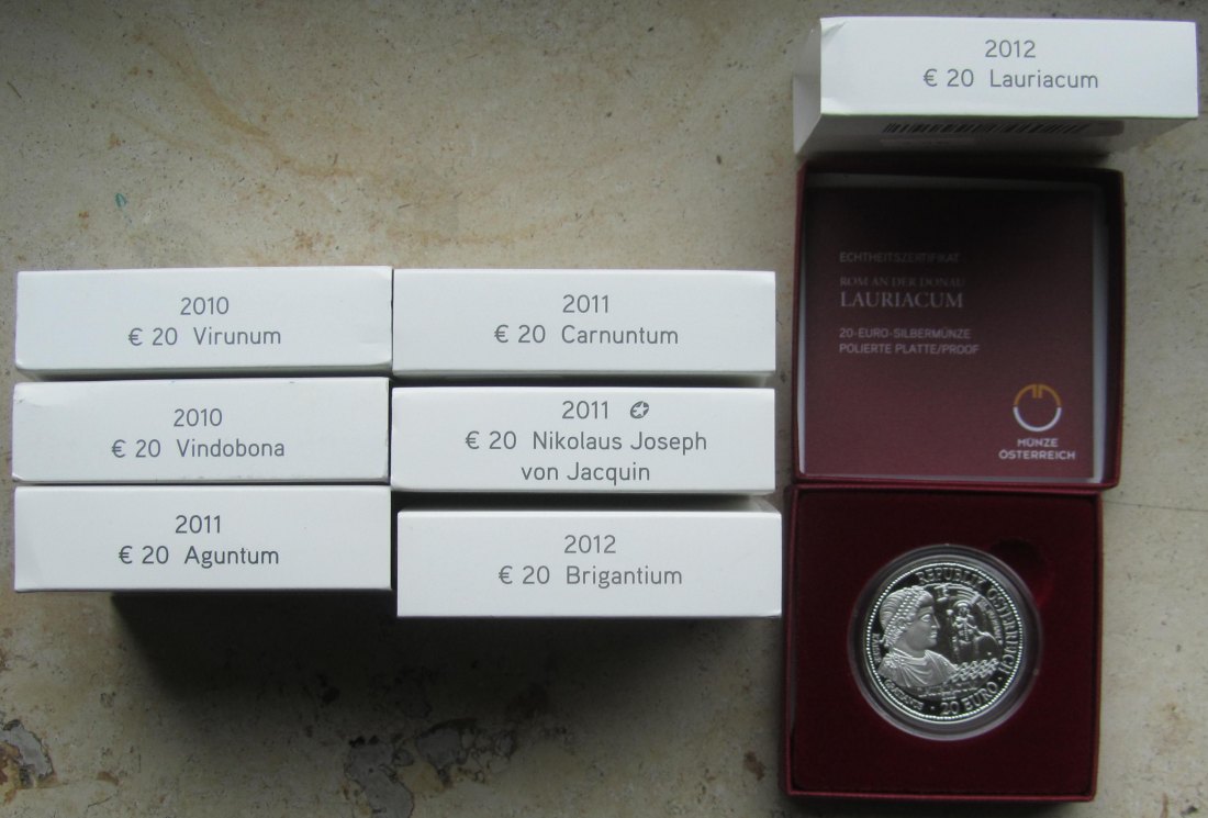  Österreich: Sieben verschiedene 20 Euro PP/Proof, zusammen 126 g Feinsilber   